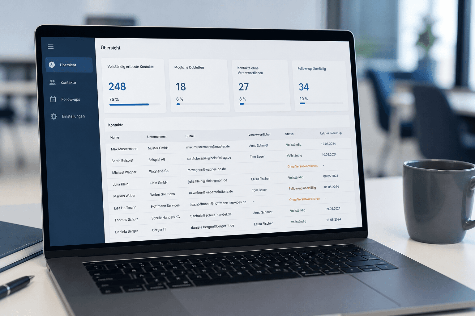 Dashboard zur Prüfung von Vollständigkeit, Dubletten und Zuständigkeiten bei Messekontakten
