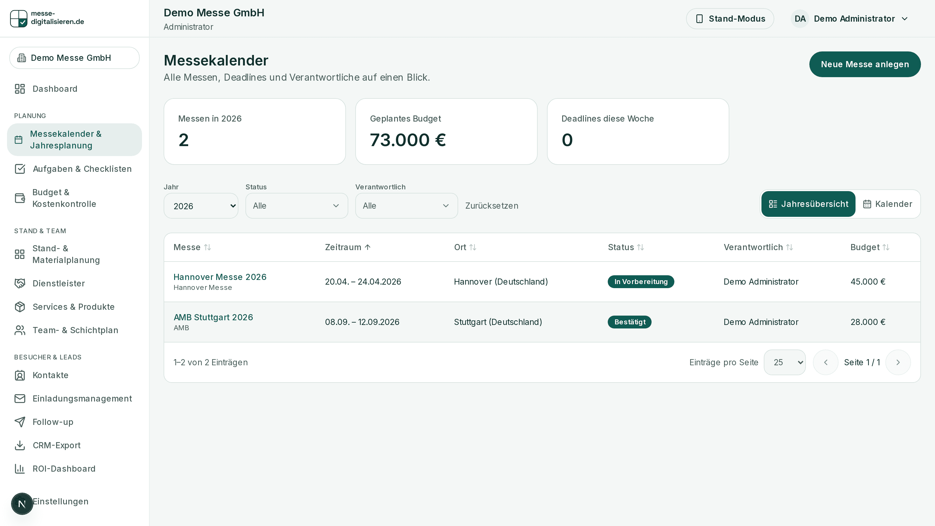 Screenshot der Jahresplanung im Messekalender von messe-digitalisieren.de