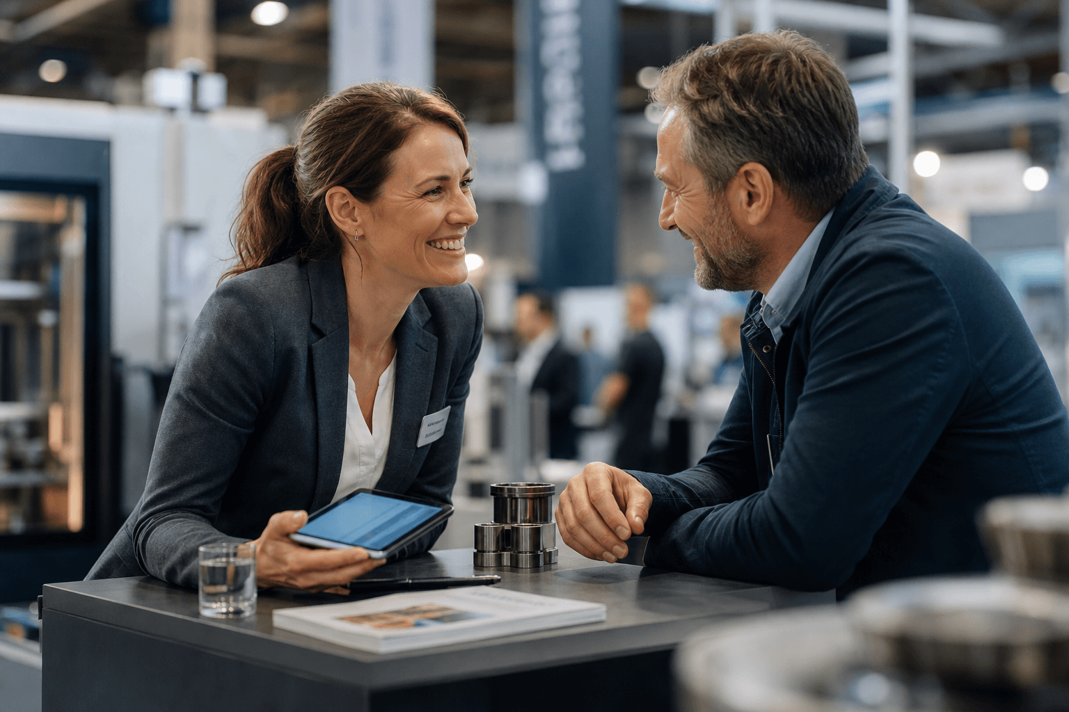 Engagiertes Gespräch am Messestand - aus dem Kontakt wird eine Chance